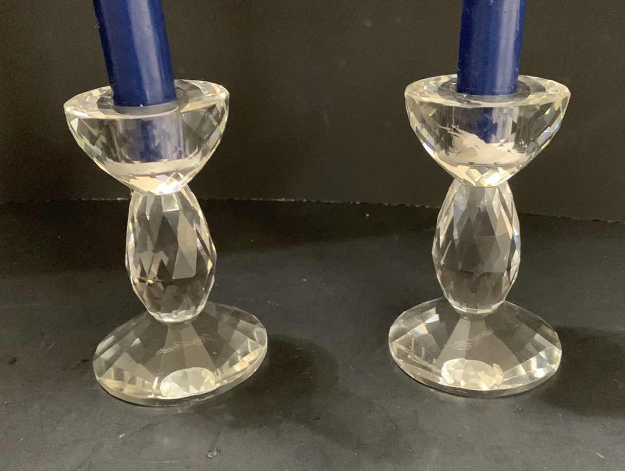 Photo 1 of SET OF 2 - DIAMOND CUT CRYSTAL CANDLESTICK HOLDERS 4” TALL