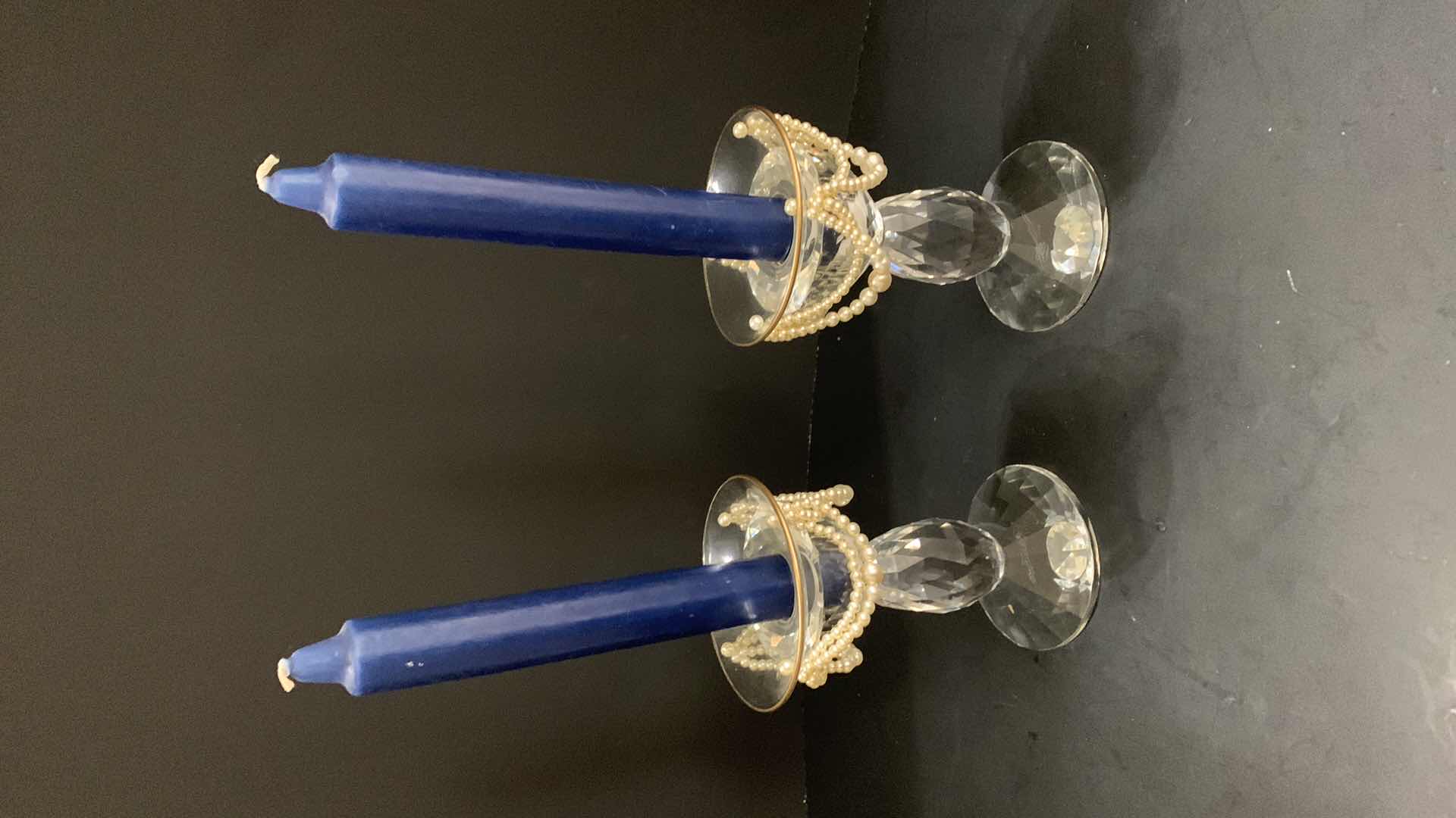 Photo 1 of SET OF 2 - DIAMOND CUT CRYSTAL CANDLESTICK HOLDERS 4” TALL