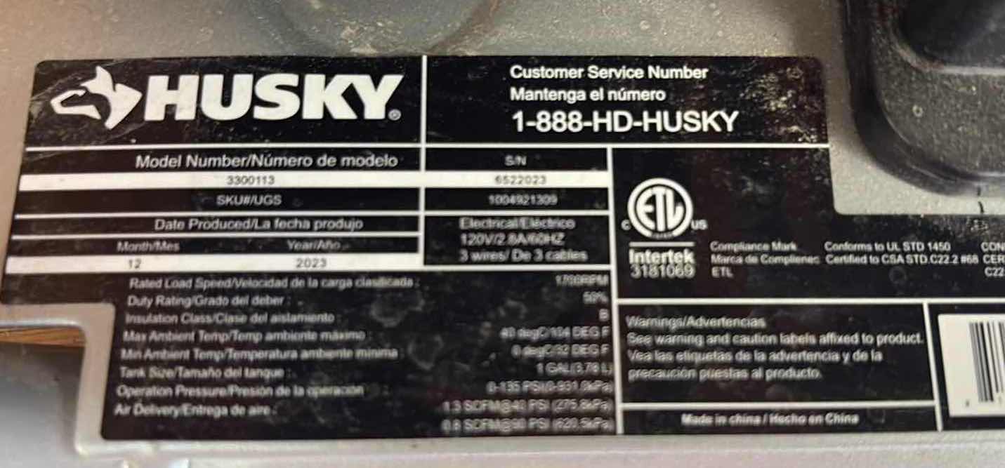 Photo 1 of HUSKY 2-GALLON PORTABLE ELECTRIC SILENT AIR COMPRESSOR MODEL 3300113