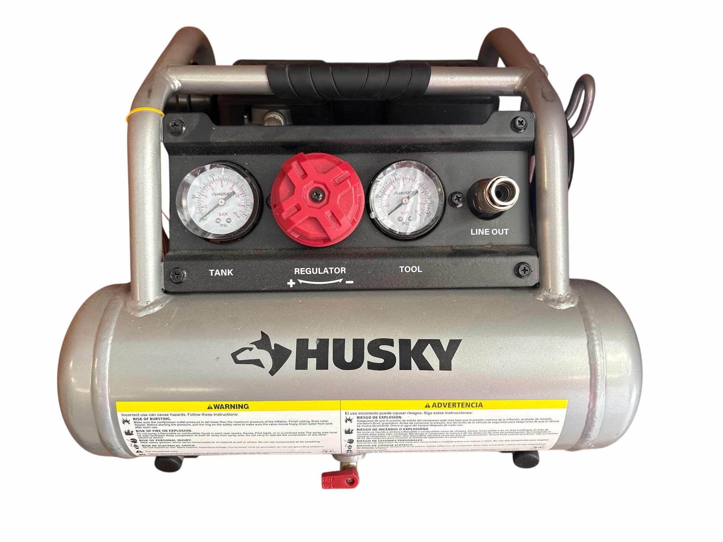 Photo 1 of HUSKY 2-GALLON PORTABLE ELECTRIC SILENT AIR COMPRESSOR MODEL 3300113