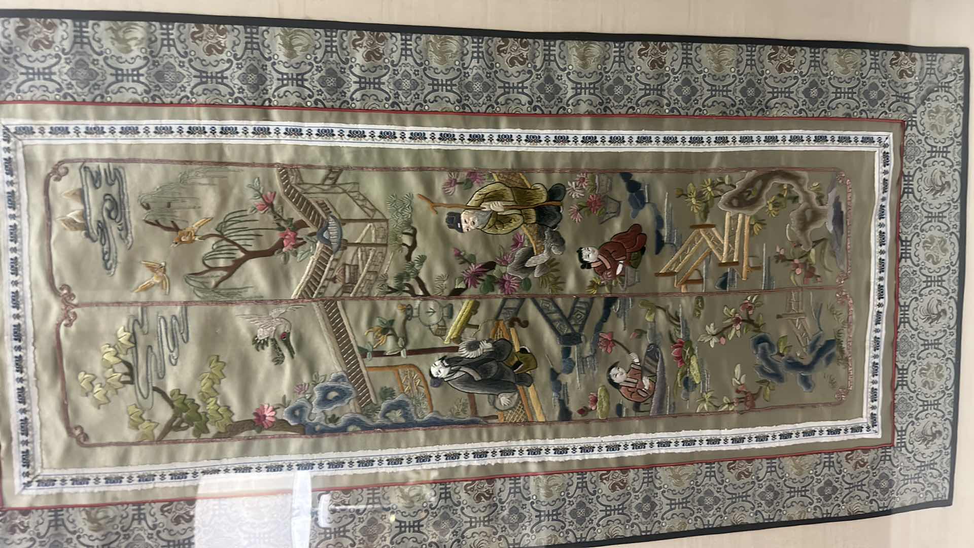 Photo 1 of FRAMED SILK EMBROIDERED FABRIC 19” x 33”