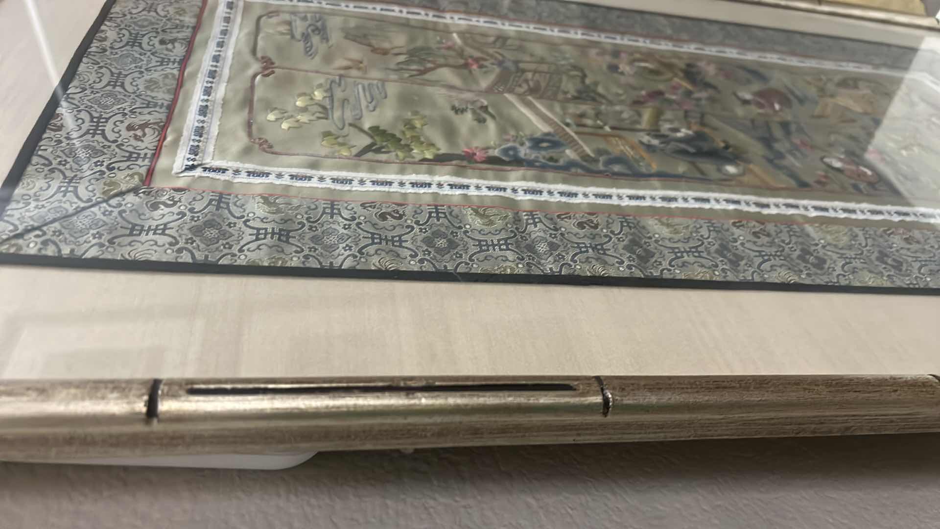 Photo 1 of FRAMED SILK EMBROIDERED FABRIC 19” x 33”