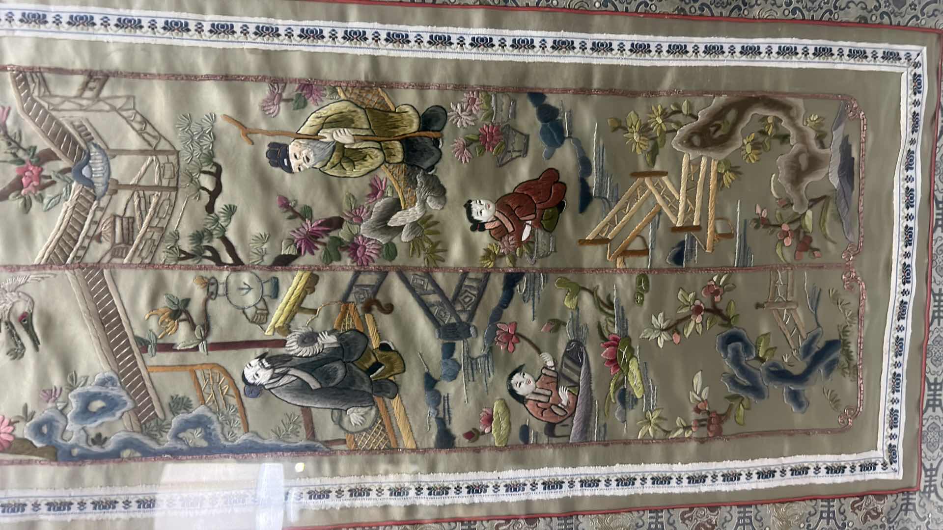 Photo 1 of FRAMED SILK EMBROIDERED FABRIC 19” x 33”