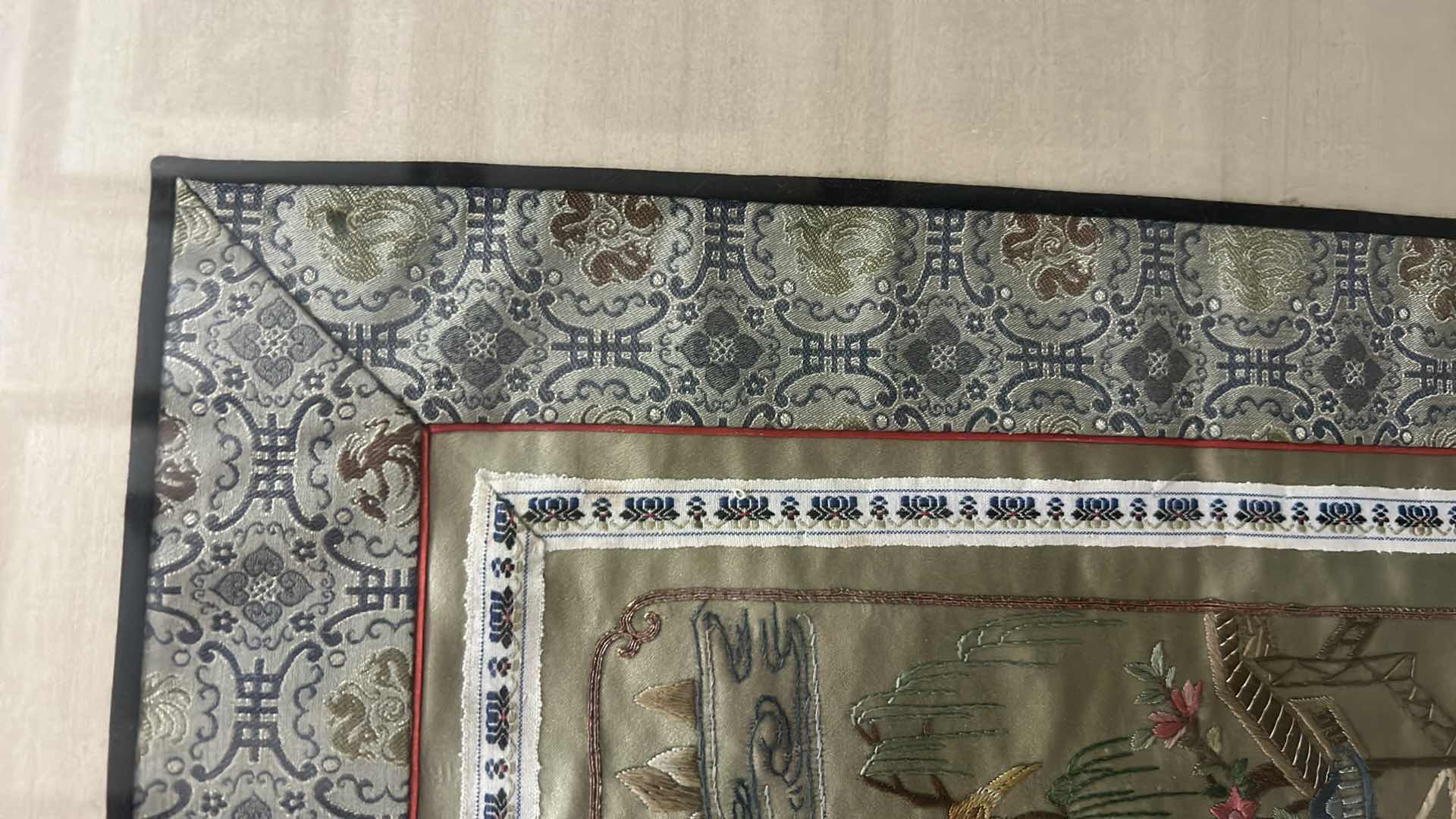 Photo 1 of FRAMED SILK EMBROIDERED FABRIC 19” x 33”
