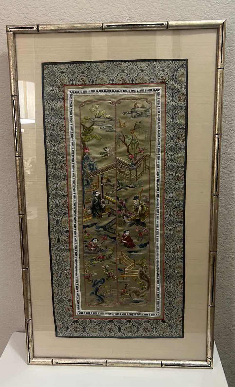 Photo 1 of FRAMED SILK EMBROIDERED FABRIC 19” x 33”