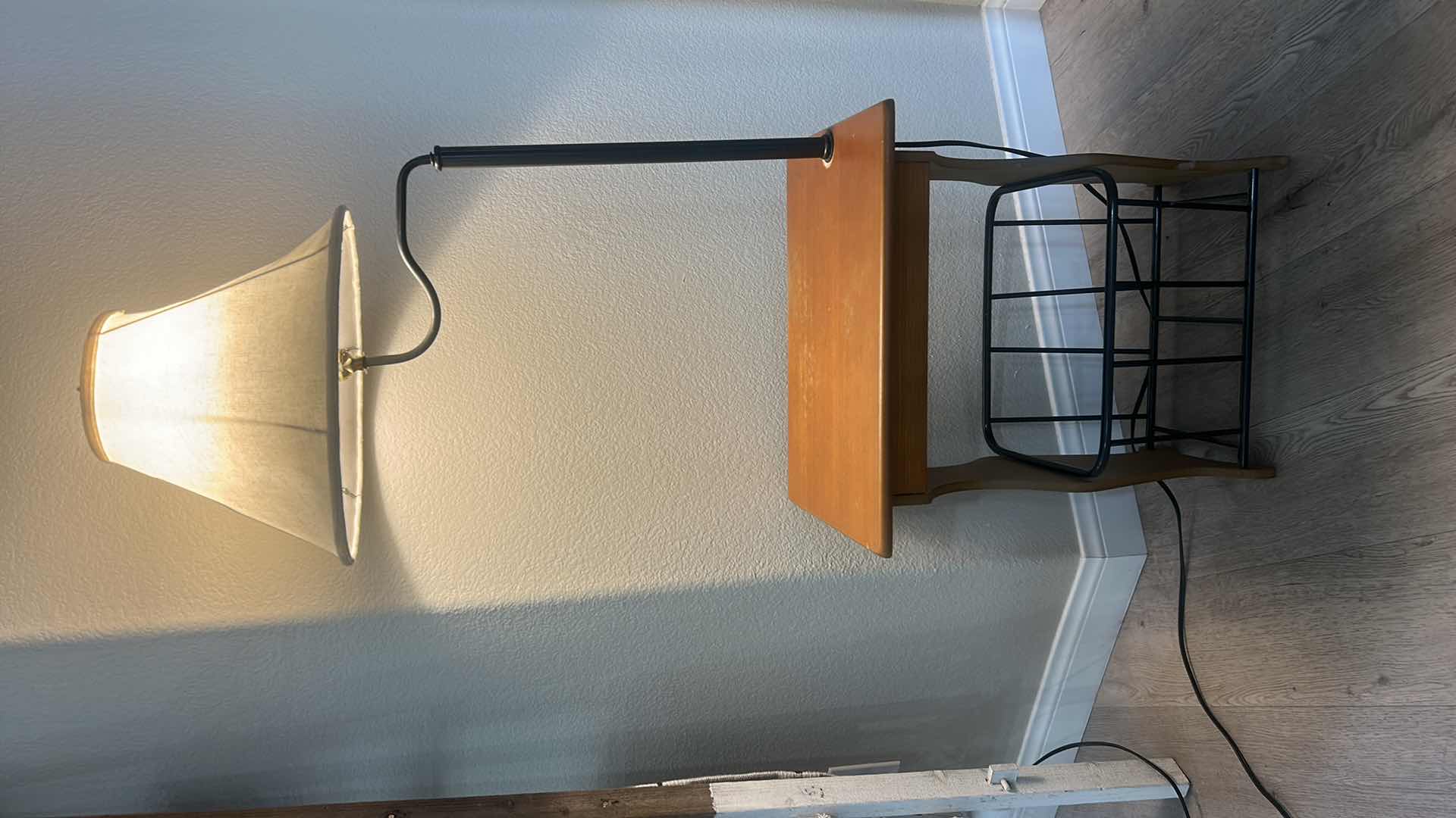 Photo 1 of VINTAGE WOOD AND METAL MAGAZINE RACK TABLE LAMP 20” x 14” x 55”