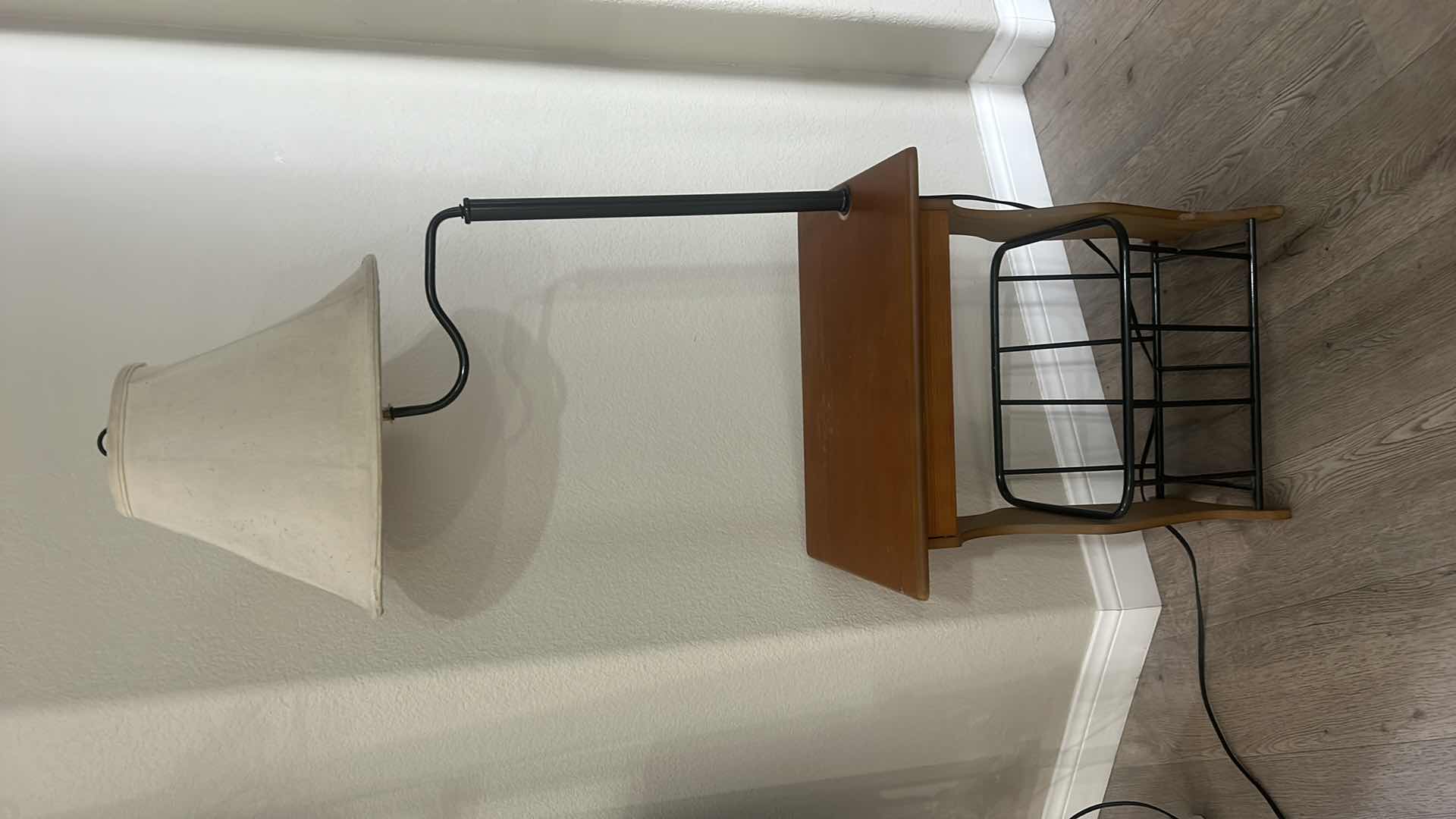 Photo 1 of VINTAGE WOOD AND METAL MAGAZINE RACK TABLE LAMP 20” x 14” x 55”