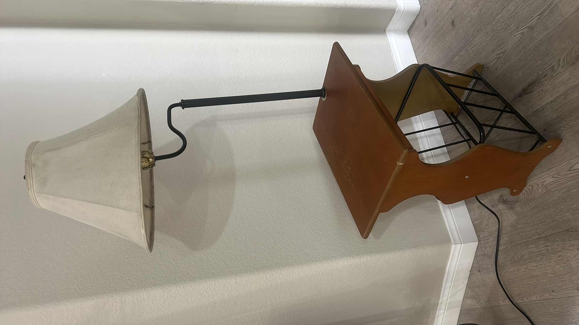 Photo 1 of VINTAGE WOOD AND METAL MAGAZINE RACK TABLE LAMP 20” x 14” x 55”