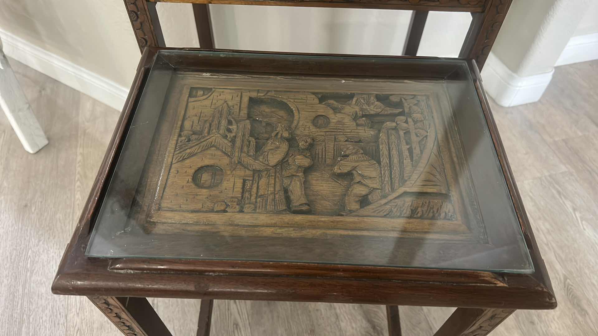 Photo 1 of 2 VINTAGE CARVED WOOD ASIAN TABLES WITH GLASS INSERTS (LARGEST 20” x 14” x 26”)