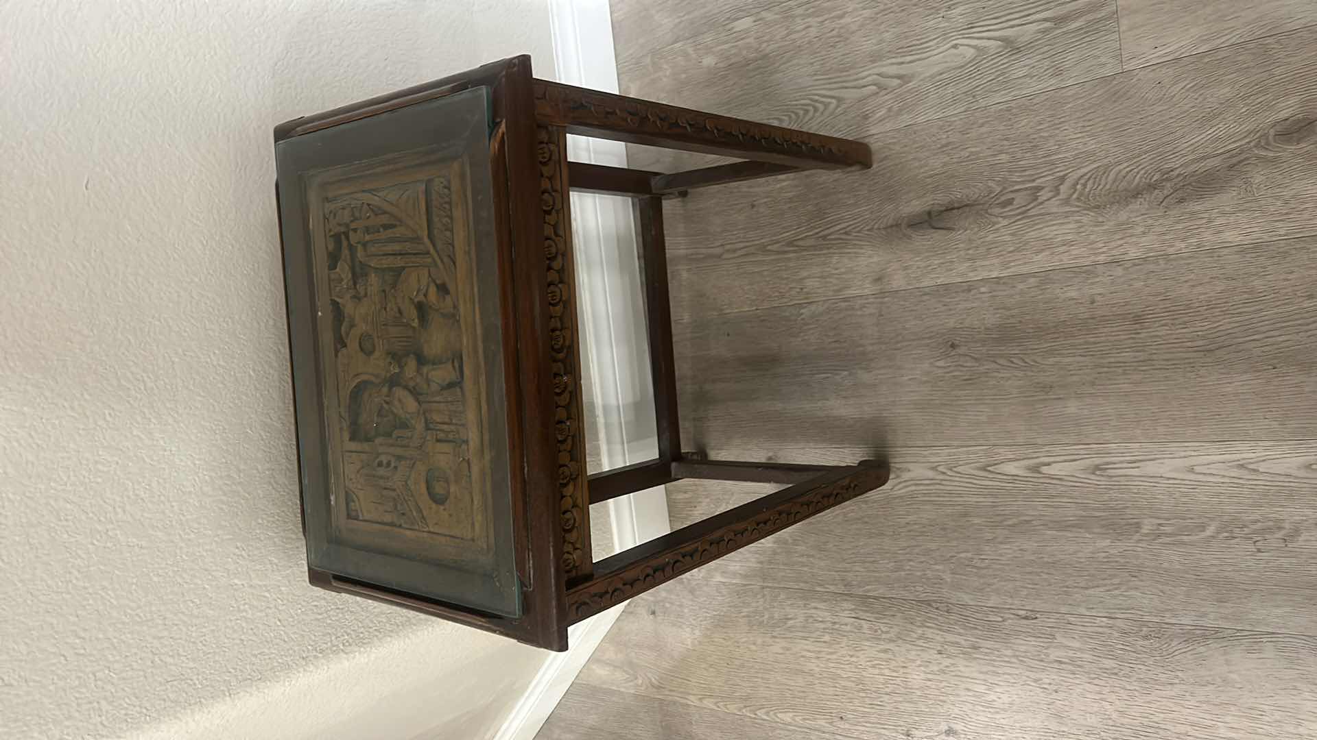 Photo 1 of 2 VINTAGE CARVED WOOD ASIAN TABLES WITH GLASS INSERTS (LARGEST 20” x 14” x 26”)