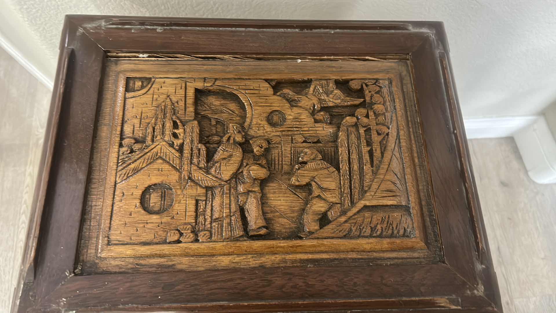 Photo 1 of 2 VINTAGE CARVED WOOD ASIAN TABLES WITH GLASS INSERTS (LARGEST 20” x 14” x 26”)