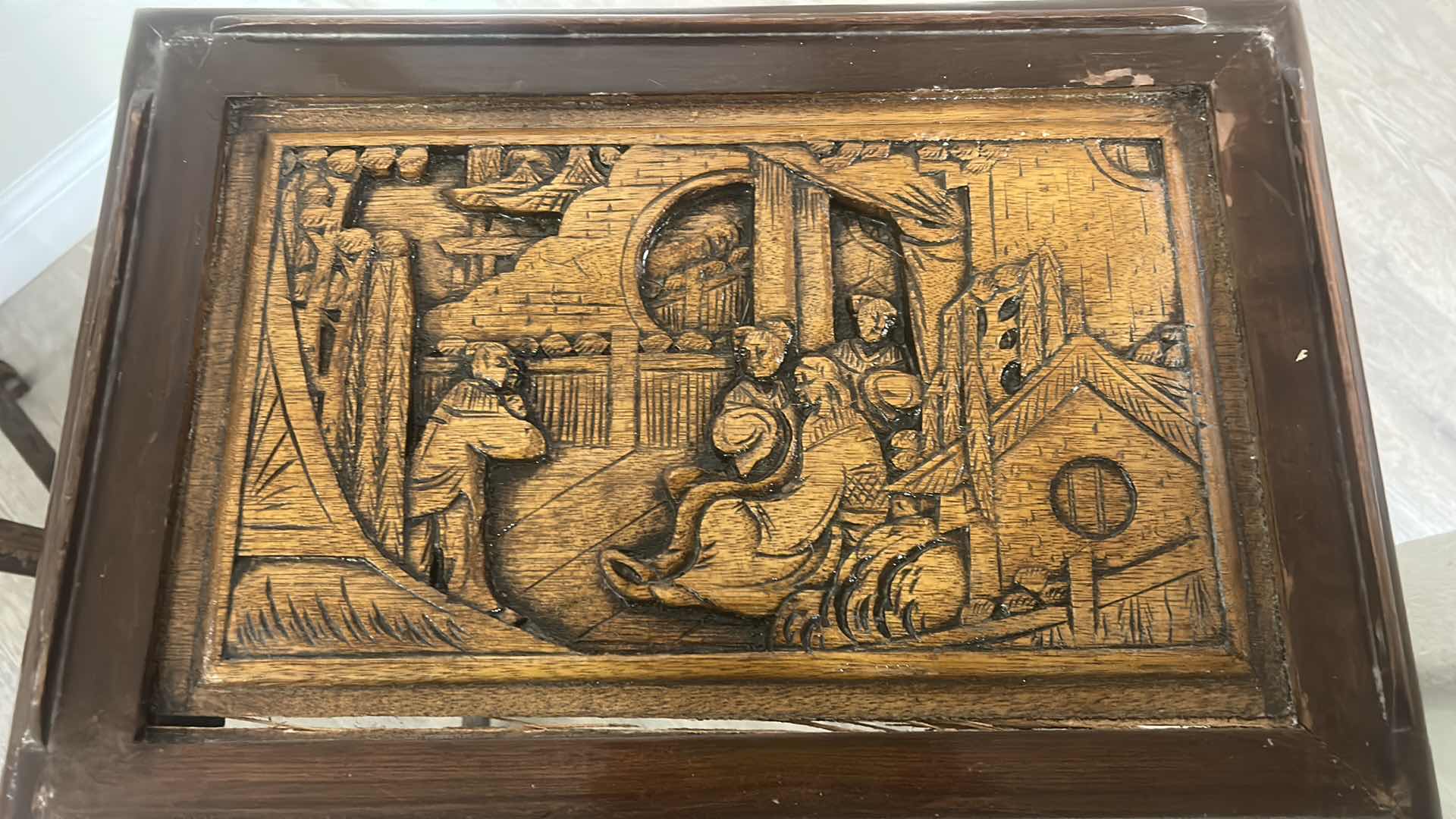 Photo 1 of 2 VINTAGE CARVED WOOD ASIAN TABLES WITH GLASS INSERTS (LARGEST 20” x 14” x 26”)