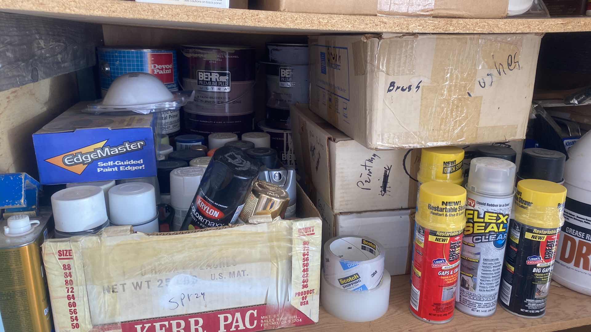 Photo 1 of CABINET ON WHEELS WITH CONTENTS OF GARAGE CABINET - PAINT TARPS CAULK AND MORE