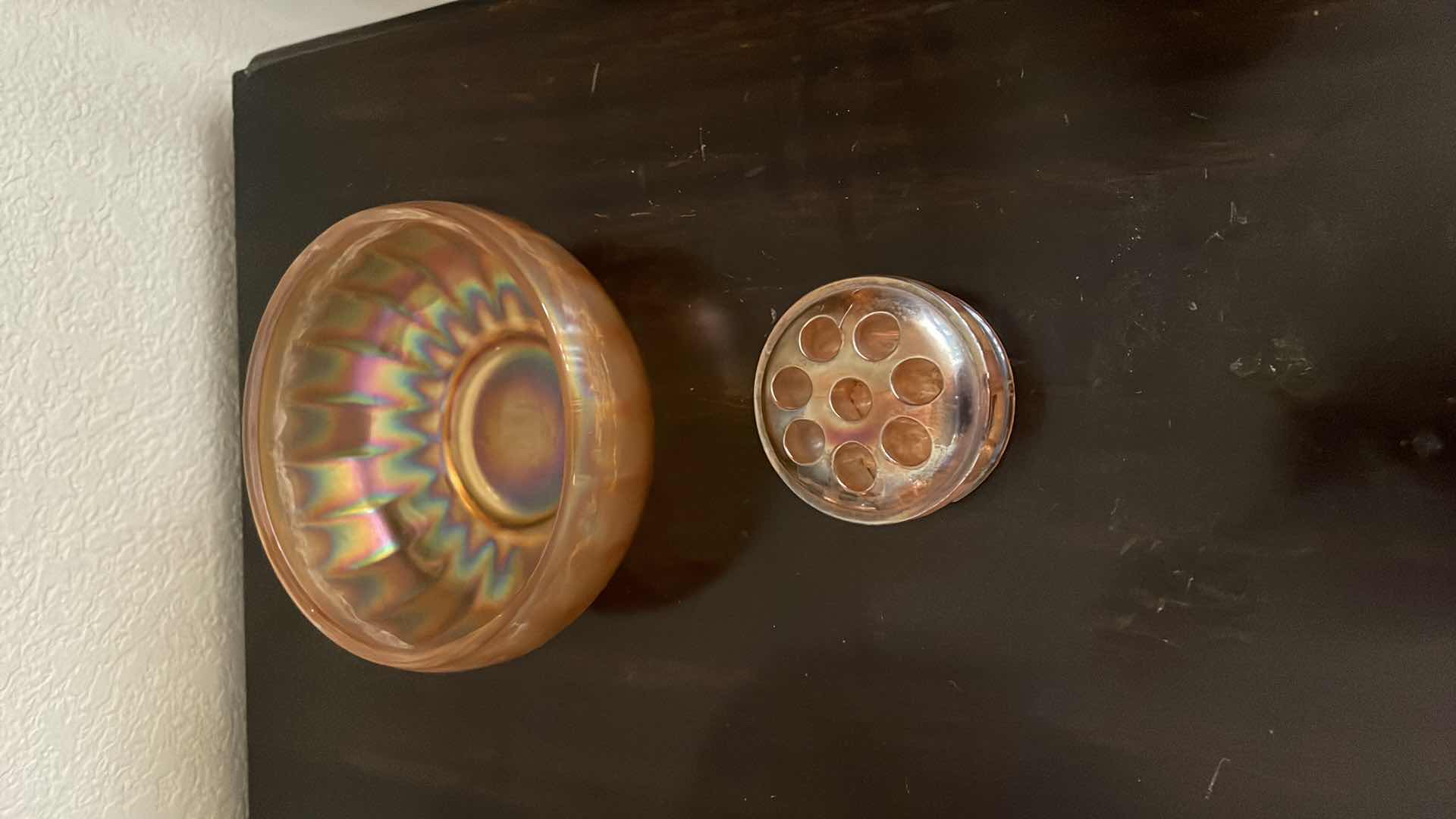 Photo 1 of CARNIVAL GLASS BOWL WITH VINTAGE GLASS FLOWER FROG