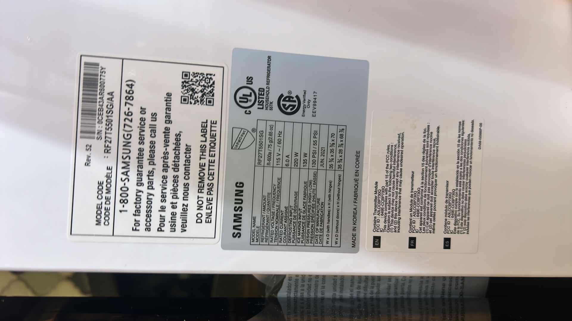 Photo 1 of SAMSUNG REFRIGERATOR MODEL RF-277550-1SG WITH DIMENSIONS OF 35 3/4" X 35 3/4" X H 70".