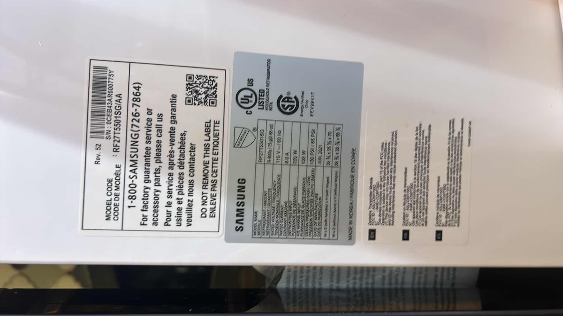 Photo 1 of SAMSUNG REFRIGERATOR MODEL RF-277550-1SG WITH DIMENSIONS OF 35 3/4" X 35 3/4" X H 70".