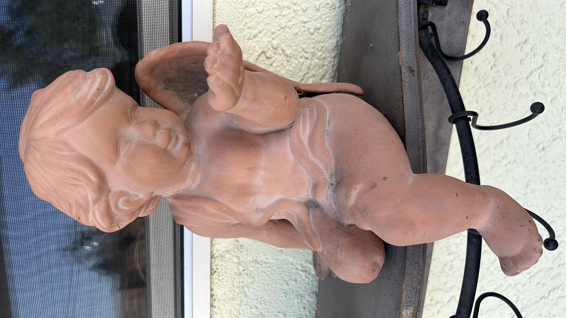 Photo 1 of THREE-PIECE OUTDOOR DÉCOR, RUSTIC SHELF, 25" X 6 1?2" X 7", AND TWO CERAMIC ANGELS. THE LARGEST IS H. 16".