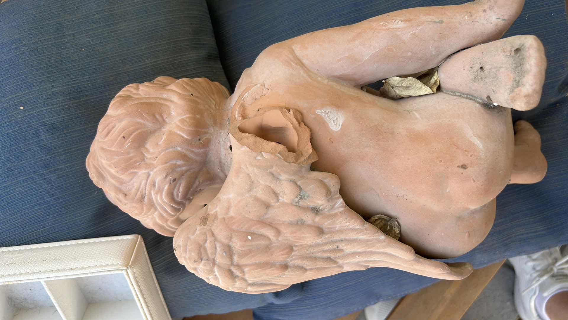 Photo 1 of THREE-PIECE OUTDOOR DÉCOR, RUSTIC SHELF, 25" X 6 1?2" X 7", AND TWO CERAMIC ANGELS. THE LARGEST IS H. 16".