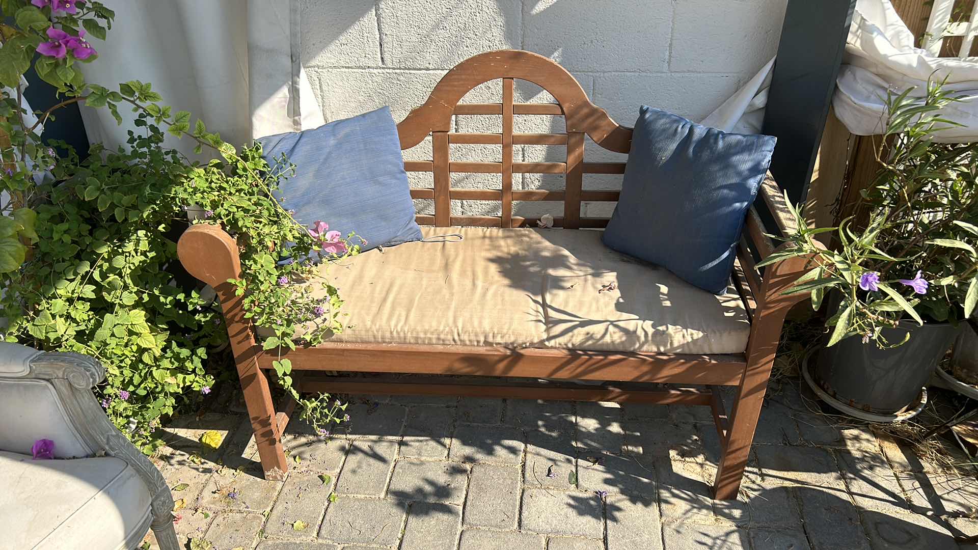Photo 1 of THREE-PIECE RUSTIC OUTDOOR DÉCOR WEATHERED AND UNIQUE ONE CHAIR, ONE BENCH, AND ONE POTTED BOUGAINVILLEA PLANT. BENCH MEASURES 54" X 25" X 39".