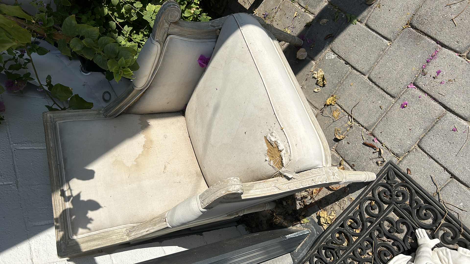 Photo 1 of THREE-PIECE RUSTIC OUTDOOR DÉCOR WEATHERED AND UNIQUE ONE CHAIR, ONE BENCH, AND ONE POTTED BOUGAINVILLEA PLANT. BENCH MEASURES 54" X 25" X 39".