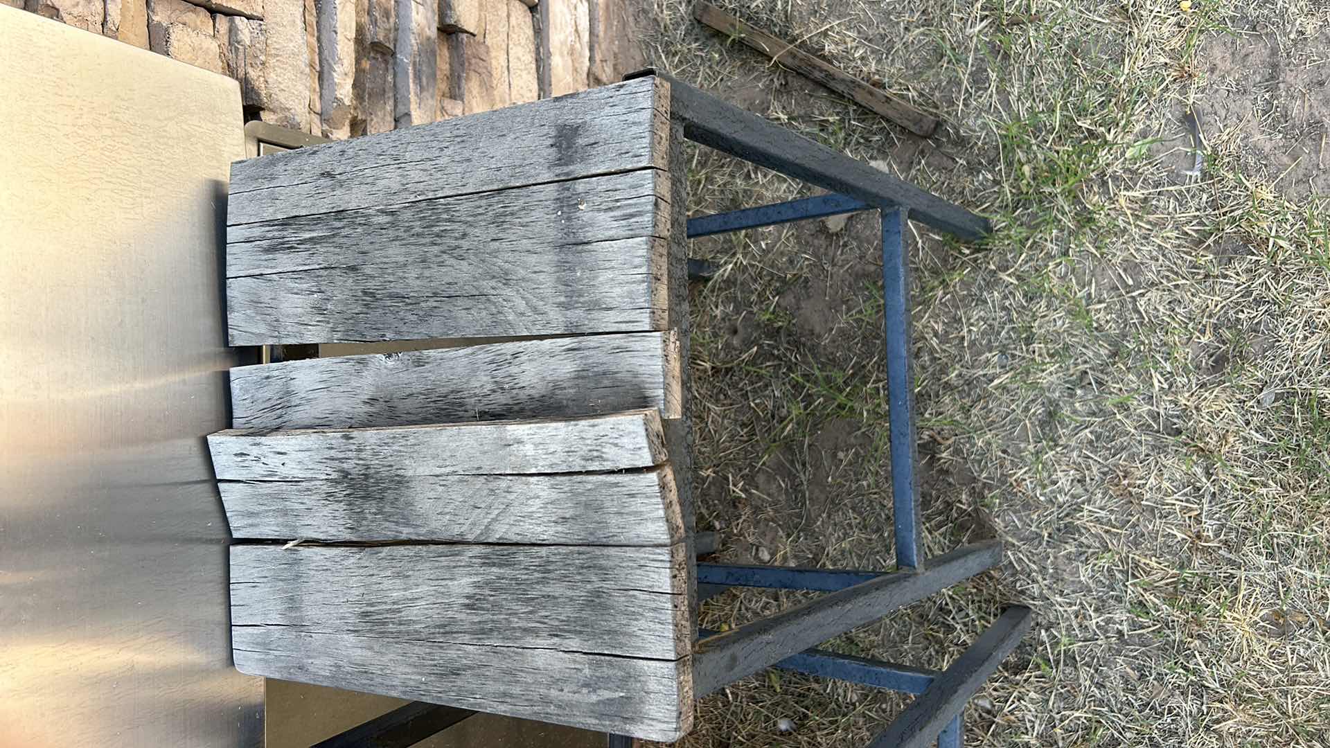Photo 1 of THREE METAL AND WEATHERED WOOD BAR STOOLS IN NEED OF REPAIR. 15 1?2" X 15 1?2" X H 28 1?2"