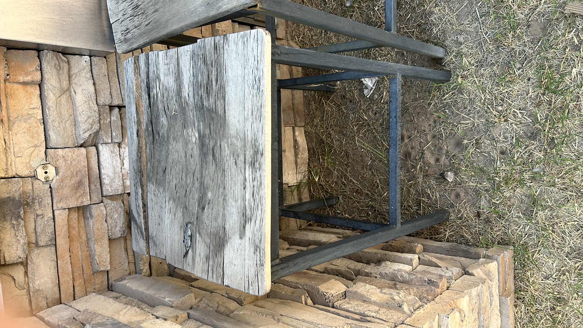 Photo 1 of THREE METAL AND WEATHERED WOOD BAR STOOLS IN NEED OF REPAIR. 15 1?2" X 15 1?2" X H 28 1?2"