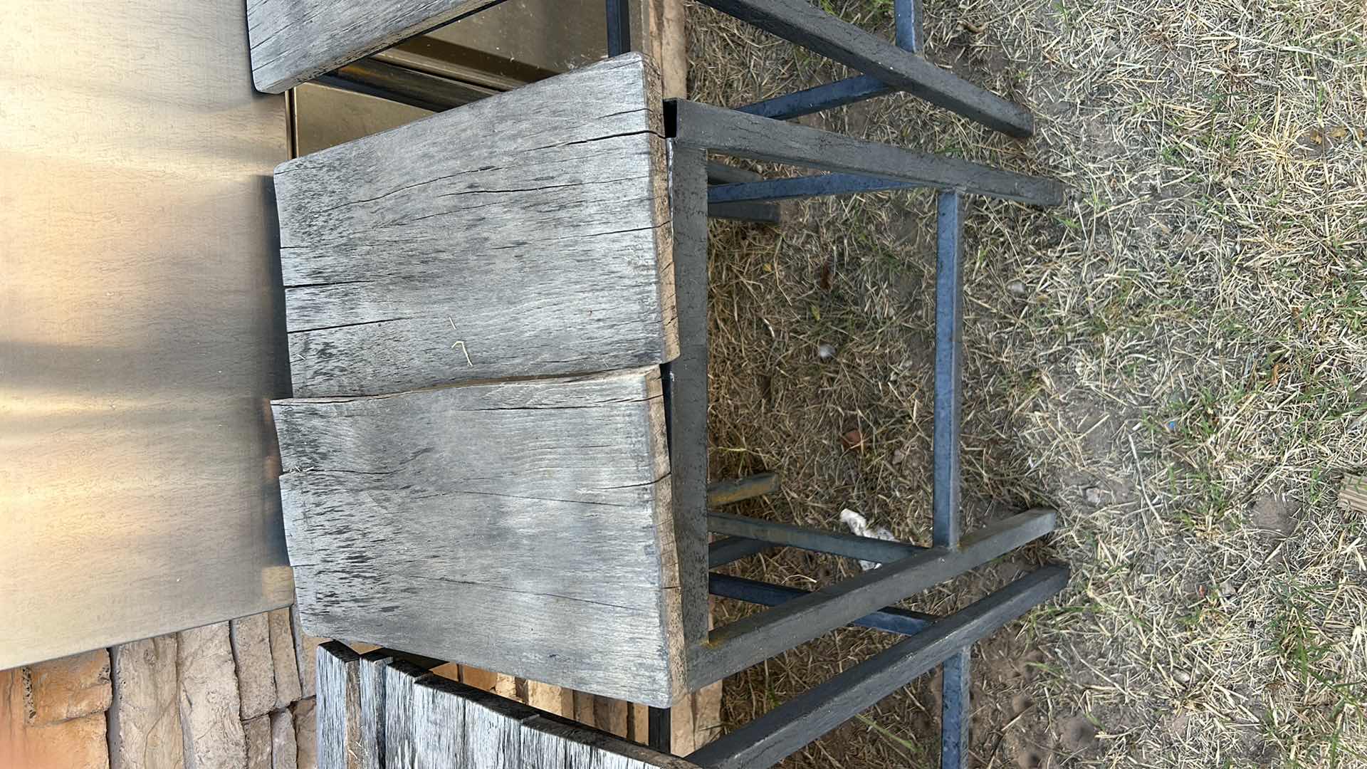 Photo 1 of THREE METAL AND WEATHERED WOOD BAR STOOLS IN NEED OF REPAIR. 15 1?2" X 15 1?2" X H 28 1?2"