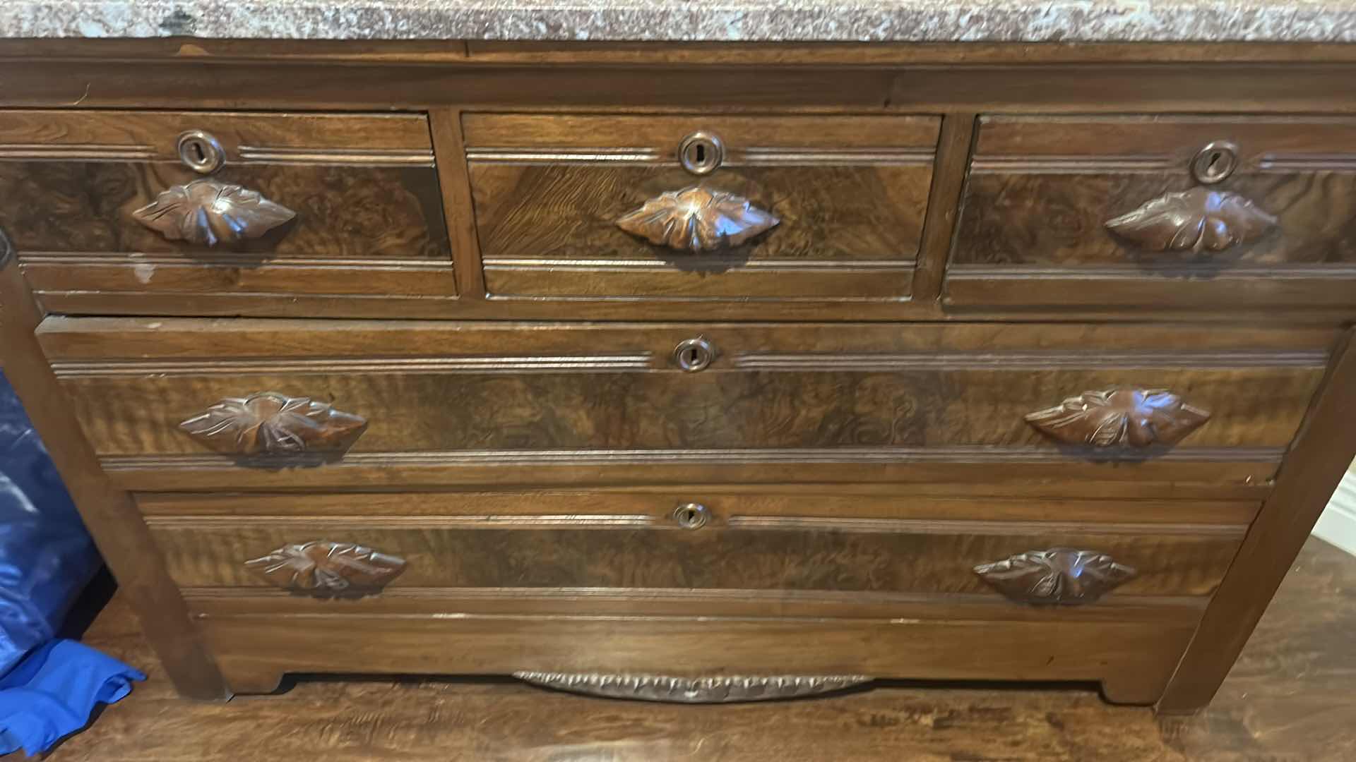 Photo 3 of CARVED WOOD, BURL INLAY, STONE TOP, FIVE-DRAWER DRESSER, 4’ X 22" X H 31".