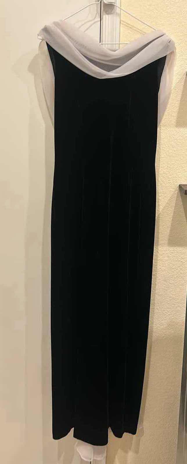 Photo 1 of LONG, BLACK AND WHITE EVENING GOWN WITH SCOOP, LOW-CUT BACK AND RHINESTONES, VELVET, AND AN IVORY SHEER  TULLE FABRIC. EST SIZE 8