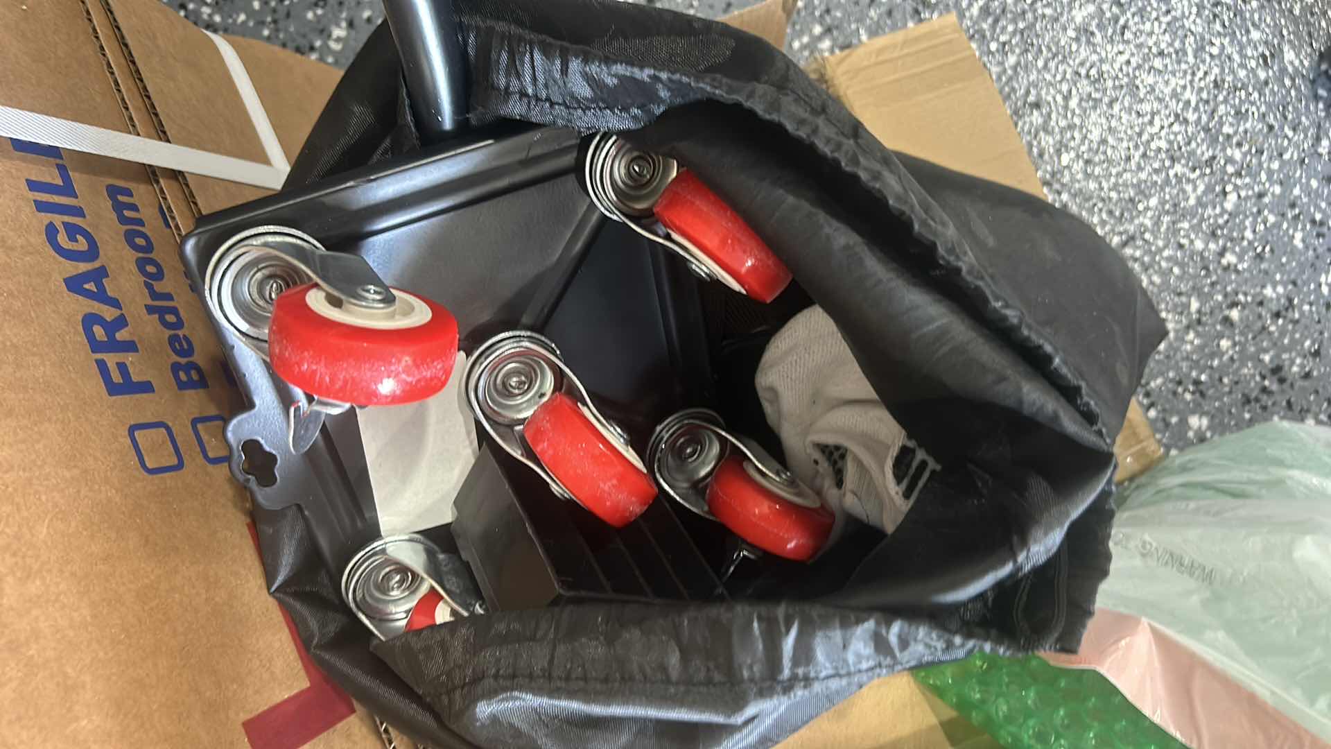 Photo 1 of MOVING AND PACKING MATERIALS, INCLUDING TWO TALL WARDROBE BOXES, GLOVES, AND ACCESSORIES.