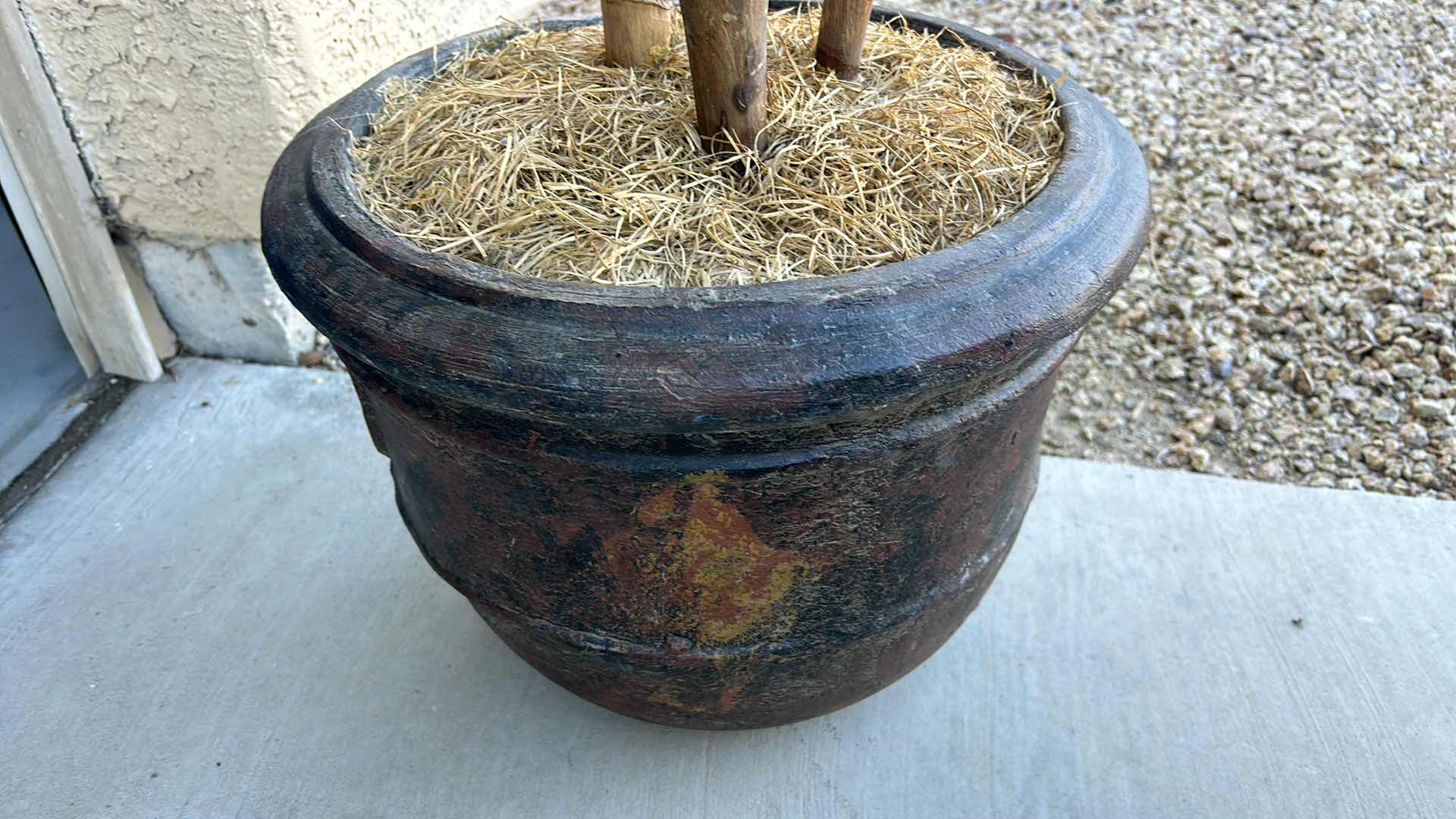 Photo 1 of HOME DECOR - REALISTIC WOOD SIX-FOOT FAUX PALM TREE IN HEAVY CERAMIC POT.