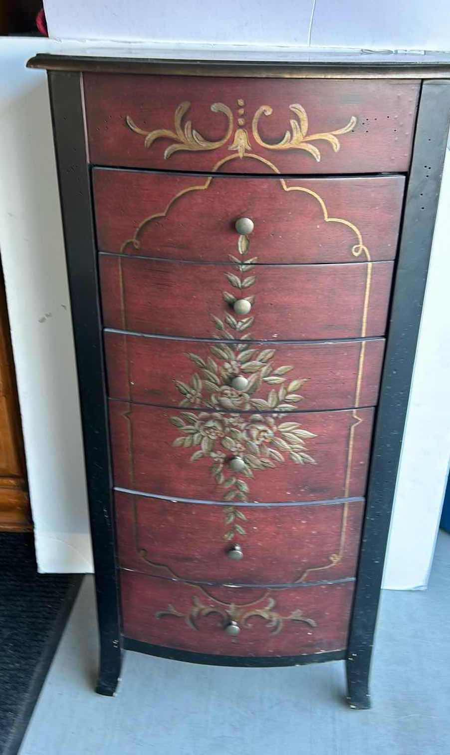 Photo 1 of HOME FURNISHINGS AND ACCESSORIES - HAND PAINTED 6 DRAWER, 2 DOOR, WOOD JEWELRY BOX 40” X 19.5” X 13.5”.