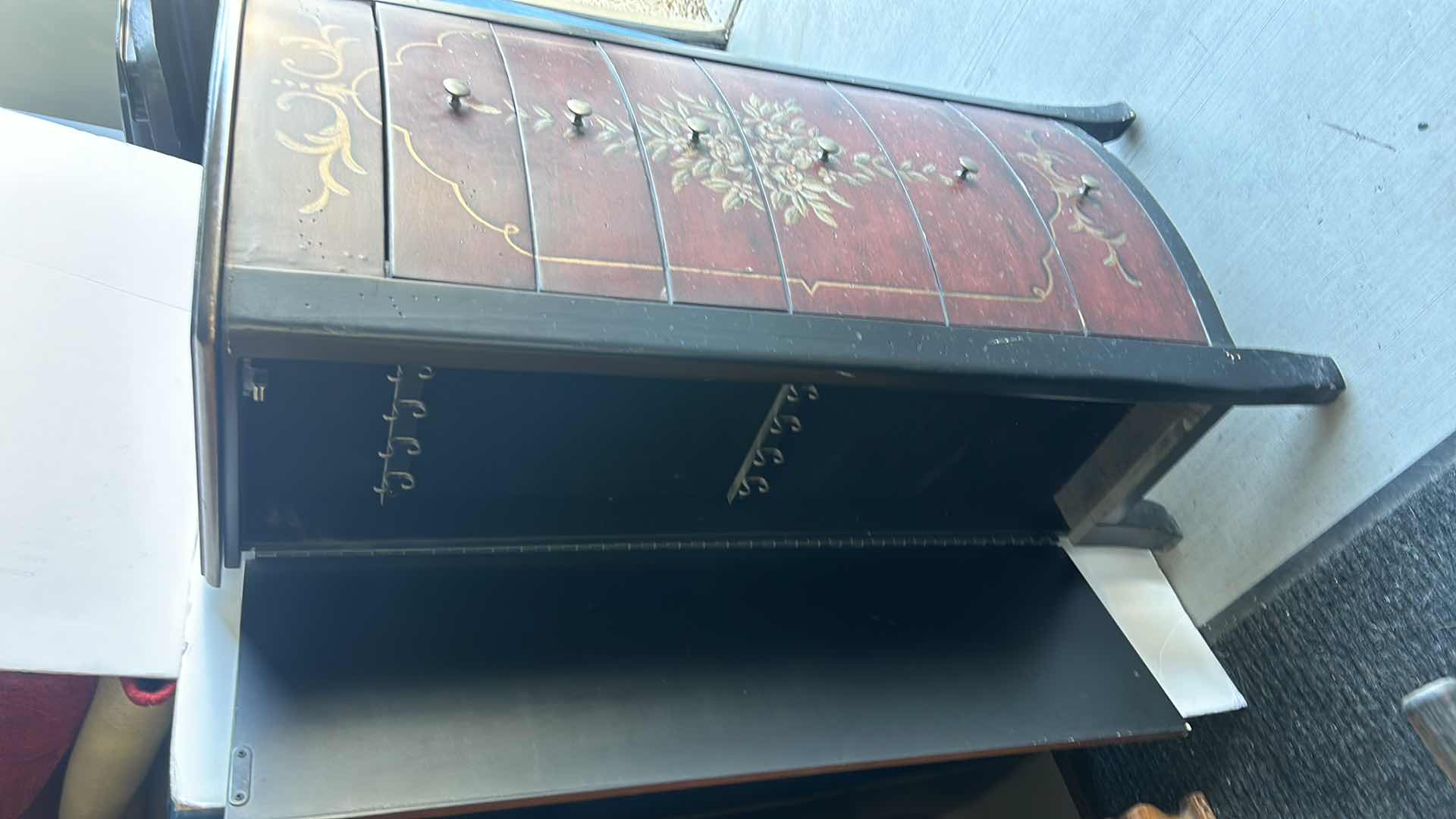 Photo 1 of HOME FURNISHINGS AND ACCESSORIES - HAND PAINTED 6 DRAWER, 2 DOOR, WOOD JEWELRY BOX 40” X 19.5” X 13.5”.