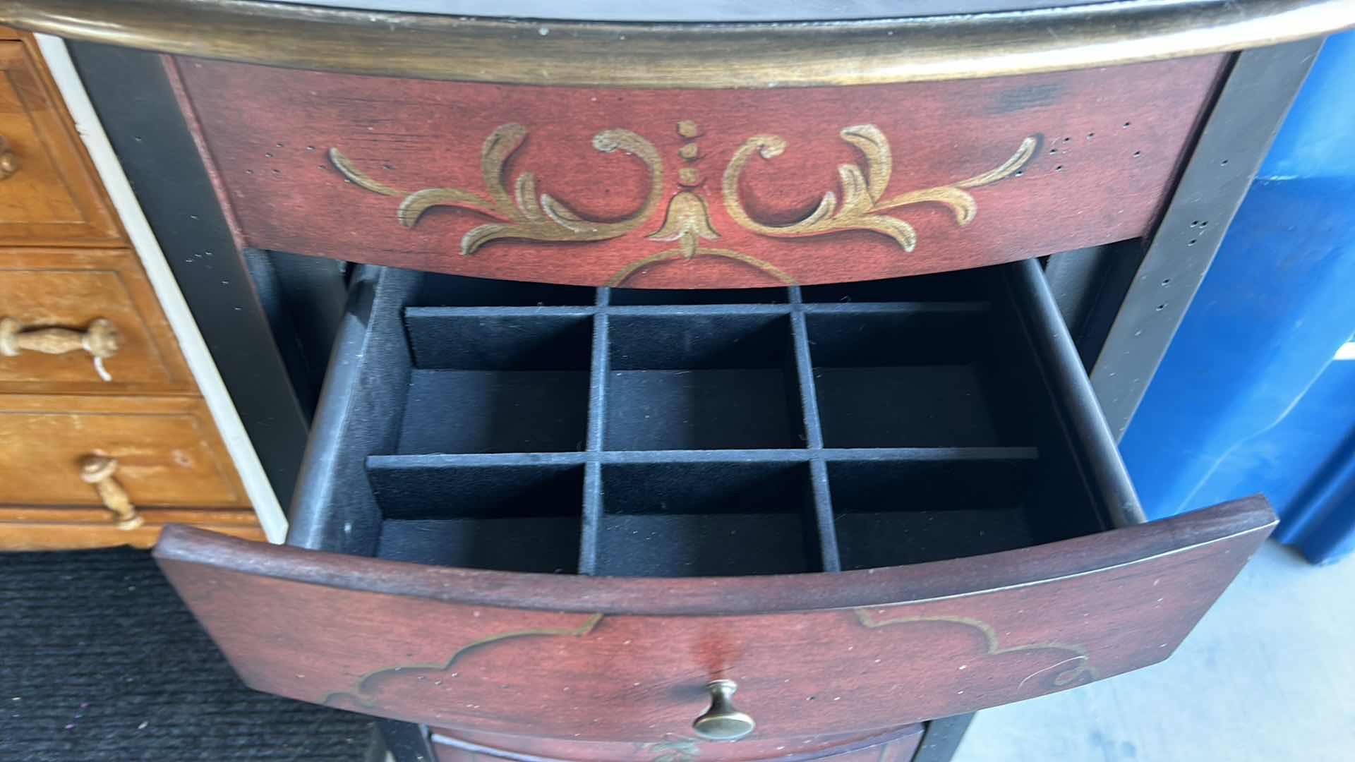 Photo 1 of HOME FURNISHINGS AND ACCESSORIES - HAND PAINTED 6 DRAWER, 2 DOOR, WOOD JEWELRY BOX 40” X 19.5” X 13.5”.