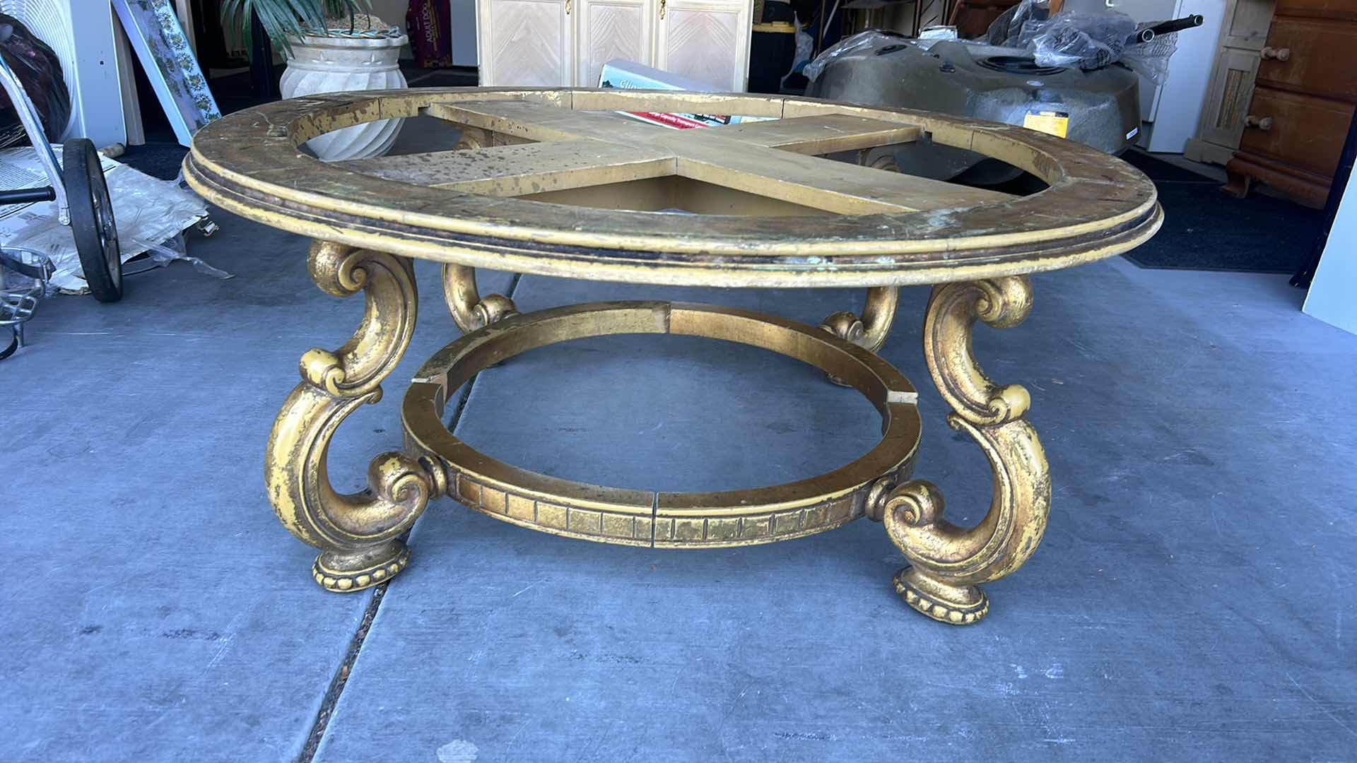 Photo 1 of HOME FURNISHINGS - VINTAGE ORNATE GOLD COFFEE TABLE WITHOUT ROUND GLASS OR MIRROR 41 1?2” X H17”.