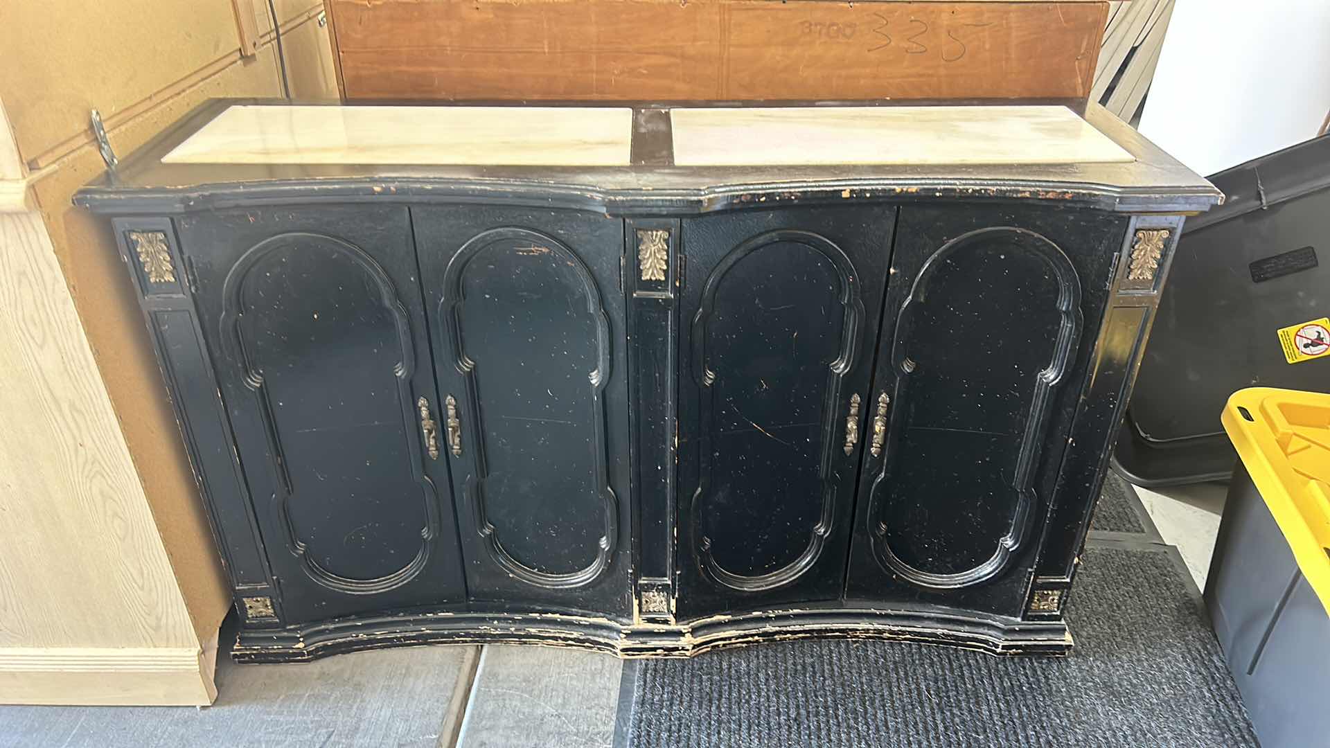 Photo 1 of HOME FURNISHINGS ORNATE PAINTED BLACK WOOD CABINET 48” X 14” X H29”.