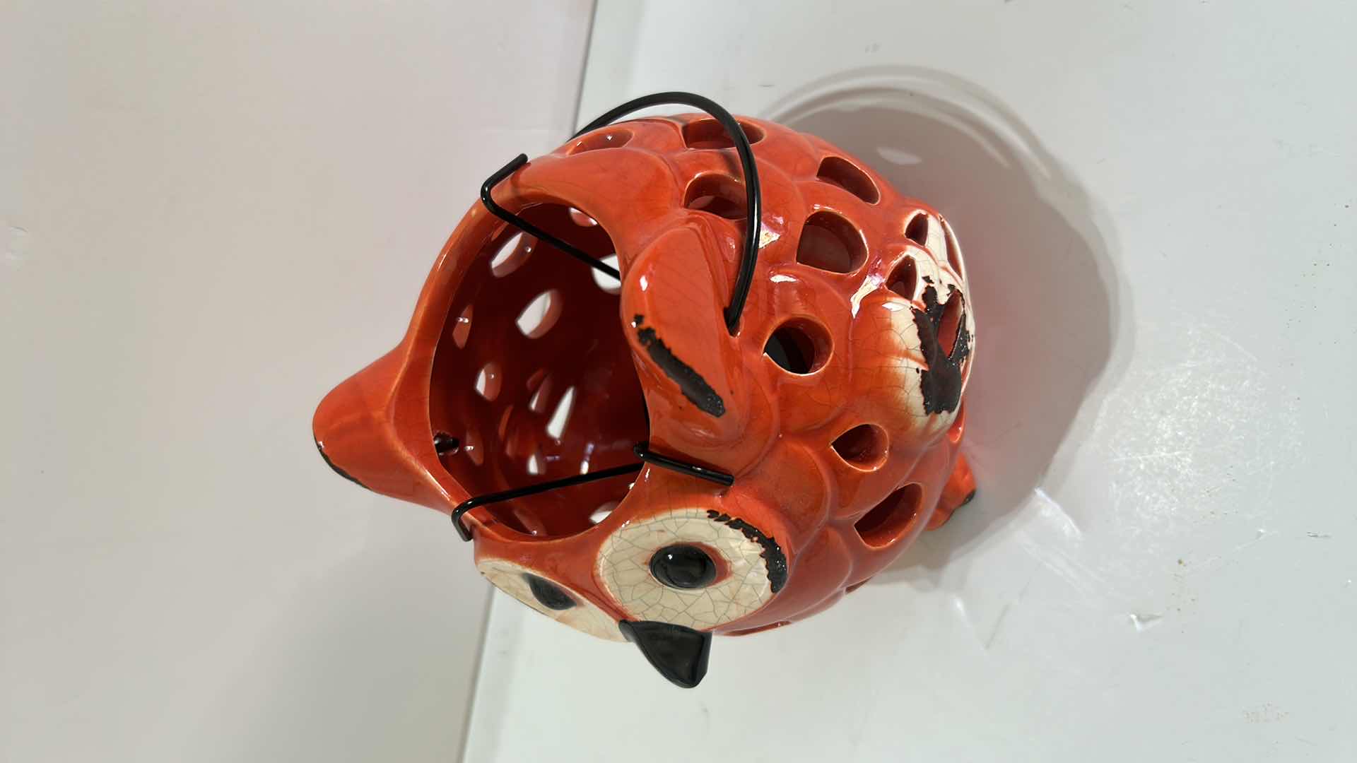 Photo 1 of HOME DECOR - ORANGE CRACKLE CERAMIC OWL CANDLE HOLDER. 7” X H6”.