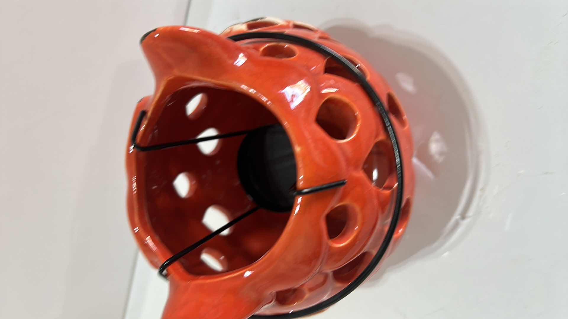 Photo 1 of HOME DECOR - ORANGE CRACKLE CERAMIC OWL CANDLE HOLDER. 7” X H6”.