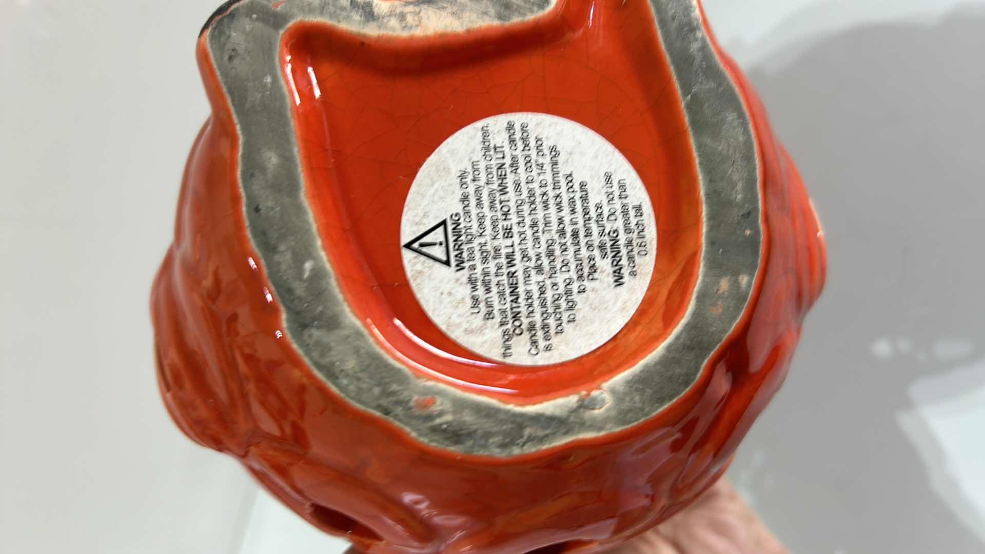 Photo 1 of HOME DECOR - ORANGE CRACKLE CERAMIC OWL CANDLE HOLDER. 7” X H6”.