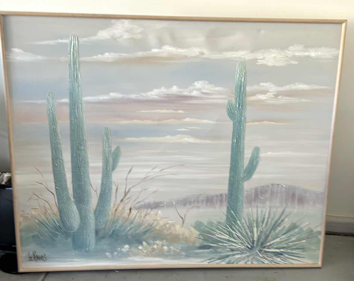 Photo 1 of WOOD FRAMED, TEXTURED, PAINT ON CANVAS, ORIGINAL, SIGNED, LEE REYNOLDS, DESERT LANDSCAPE ARTWORK , 61” X H50”.