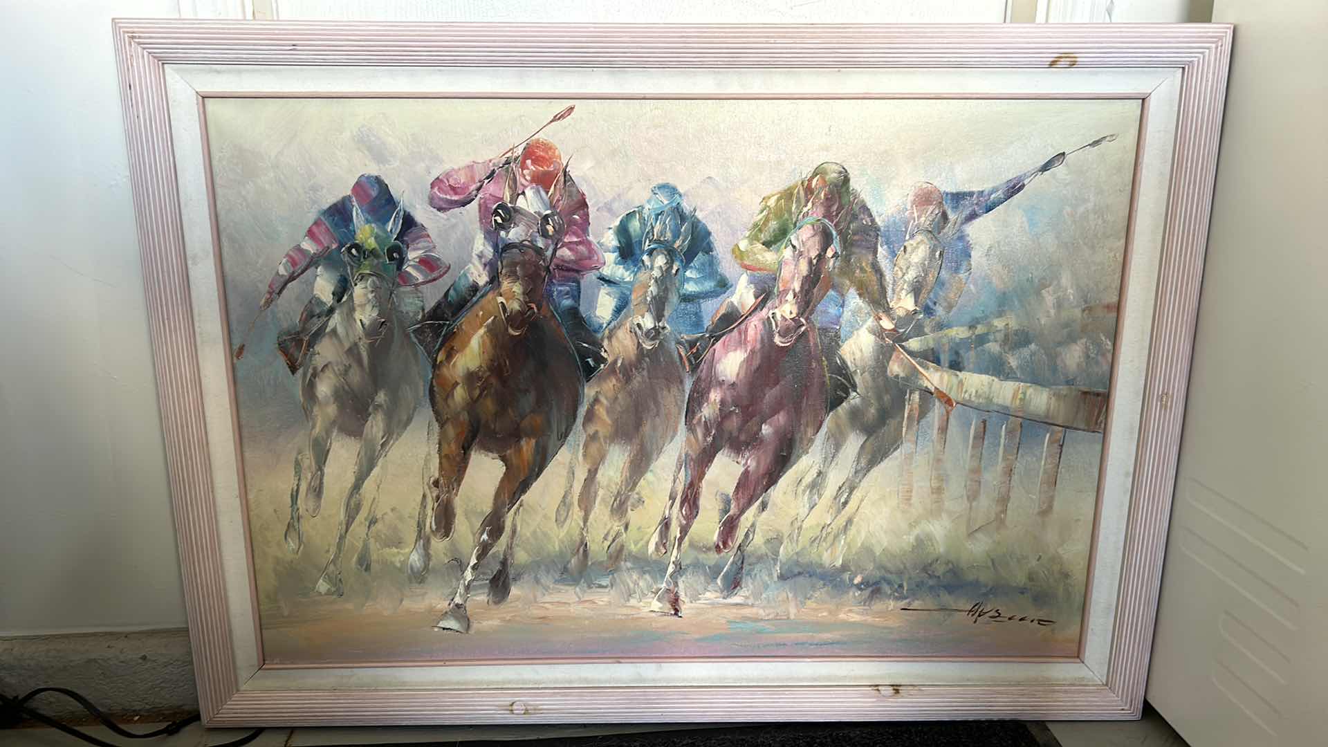 Photo 1 of WOOD-FRAMED, TEXTURED PAINT ON CANVAS, ORIGINAL SIGNED, HORSE RACING ARTWORK. 42” X 30”.