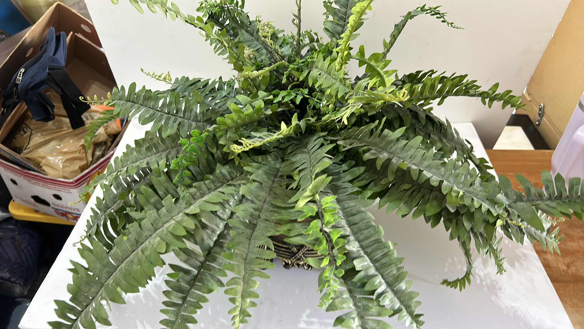 View 4 of HOME DÉCOR. BEAUTIFUL, ORNATE POT WITH FAUX FERN PLANT. 32” x H23”