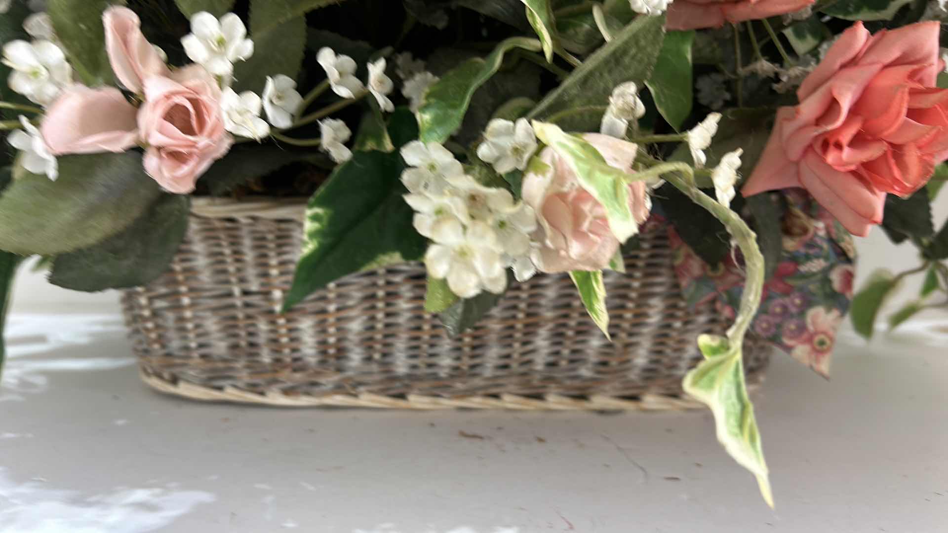 Photo 1 of HOME DECOR, ROSE FAUX FLORAL ARRANGEMENT IN WICKER BASKET, 29” X H16”.