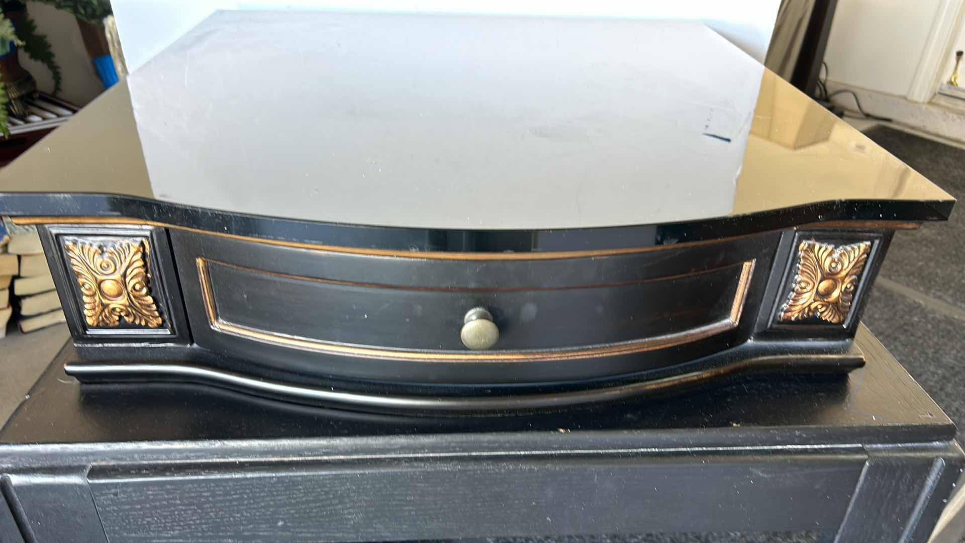 Photo 1 of HOME FURNISHINGS VINTAGE ULTIMATE ACCENTS HEAVY ORNATE BLACK WOOD FURNITURE WITH BLACK STONE TOP 26 ¼” X 23” X H25 ¼”.