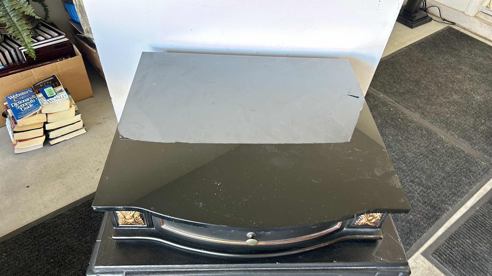 Photo 1 of HOME FURNISHINGS VINTAGE ULTIMATE ACCENTS HEAVY ORNATE BLACK WOOD FURNITURE WITH BLACK STONE TOP 26 ¼” X 23” X H25 ¼”.