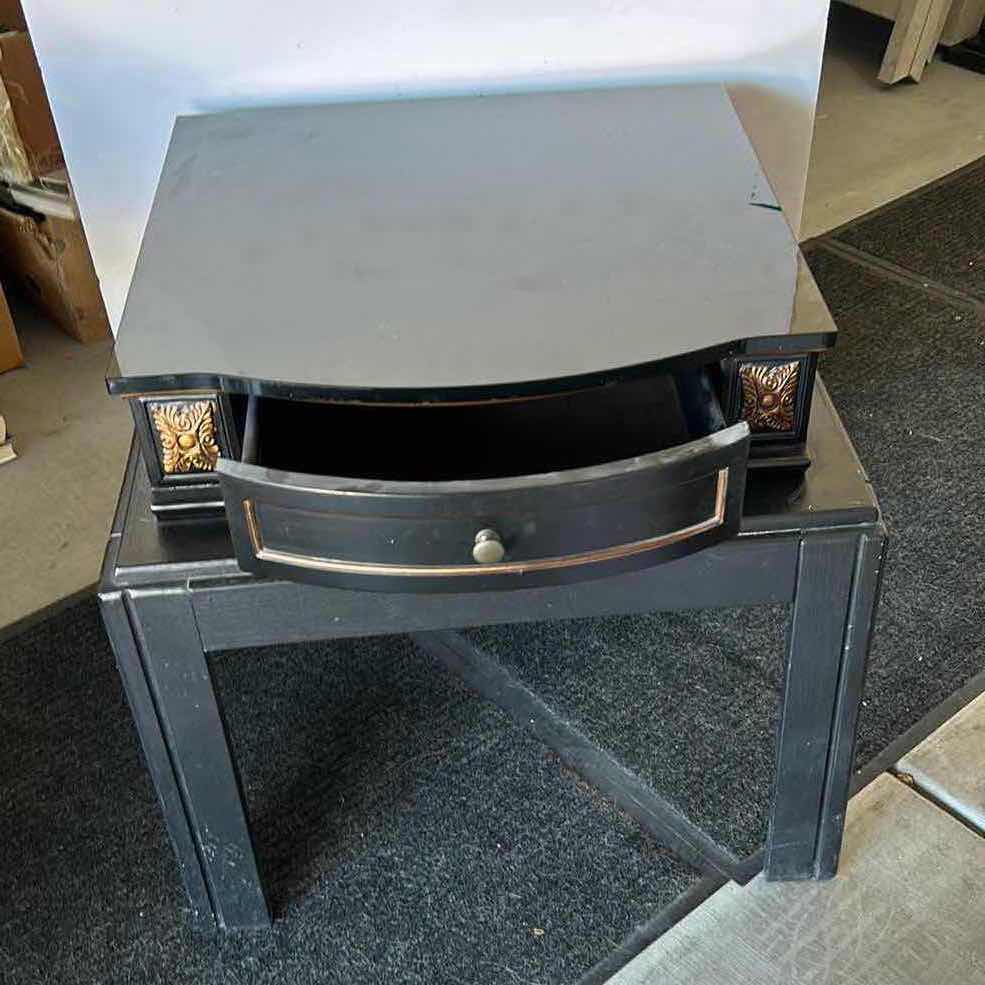 Photo 1 of HOME FURNISHINGS VINTAGE ULTIMATE ACCENTS HEAVY ORNATE BLACK WOOD FURNITURE WITH BLACK STONE TOP 26 ¼” X 23” X H25 ¼”.