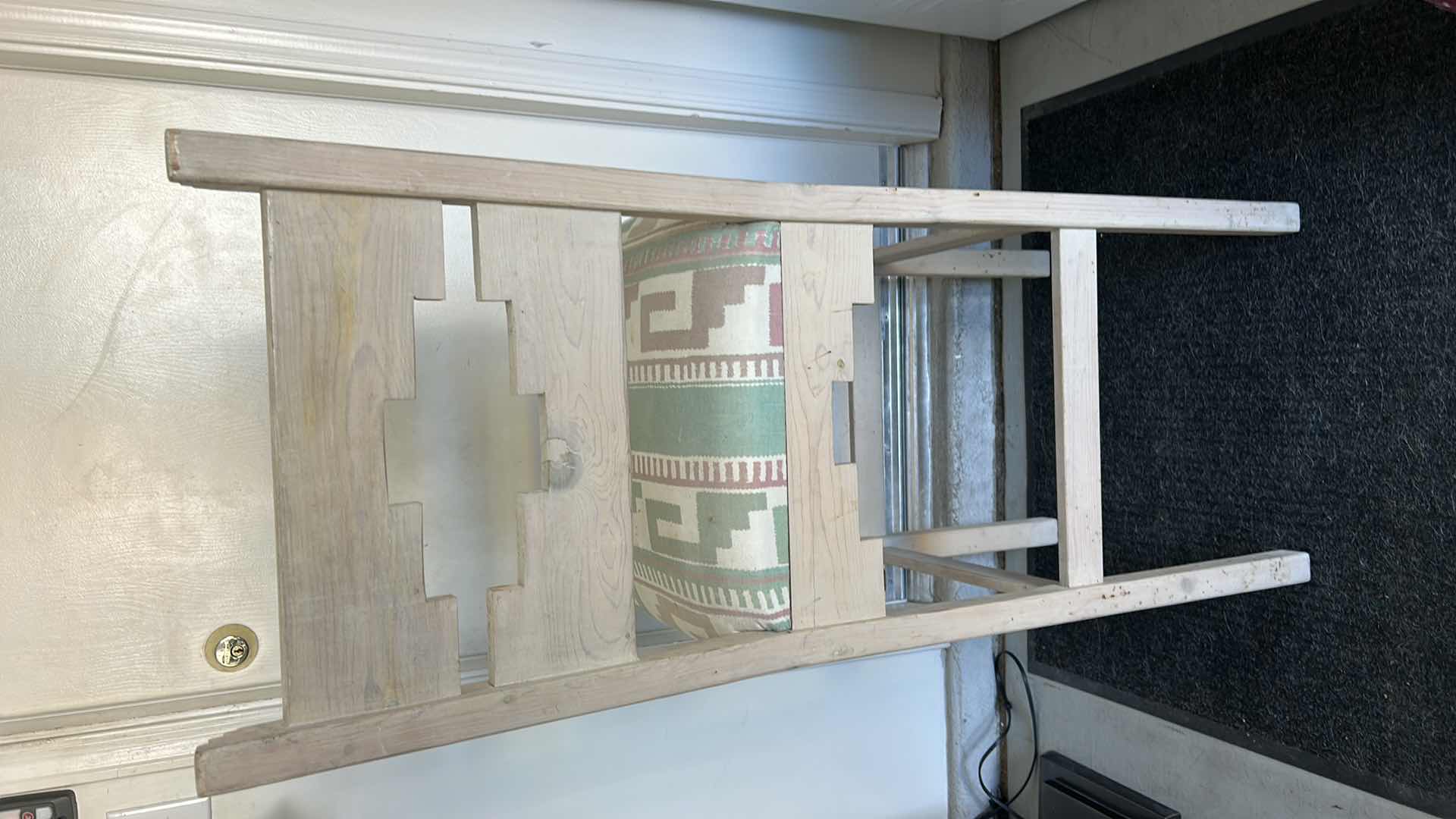 Photo 1 of HOME FURNISHINGS- RAW WOOD, SOUTHWEST INSPIRED, TALL, BAR STOOLS. 19” X 20” X H47”.