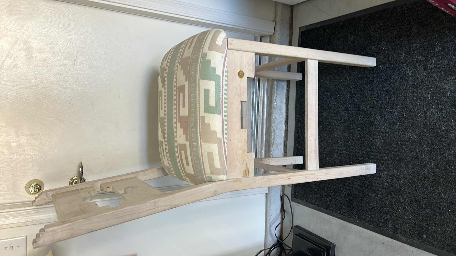 Photo 1 of HOME FURNISHINGS- RAW WOOD, SOUTHWEST INSPIRED, TALL, BAR STOOLS. 19” X 20” X H47”.