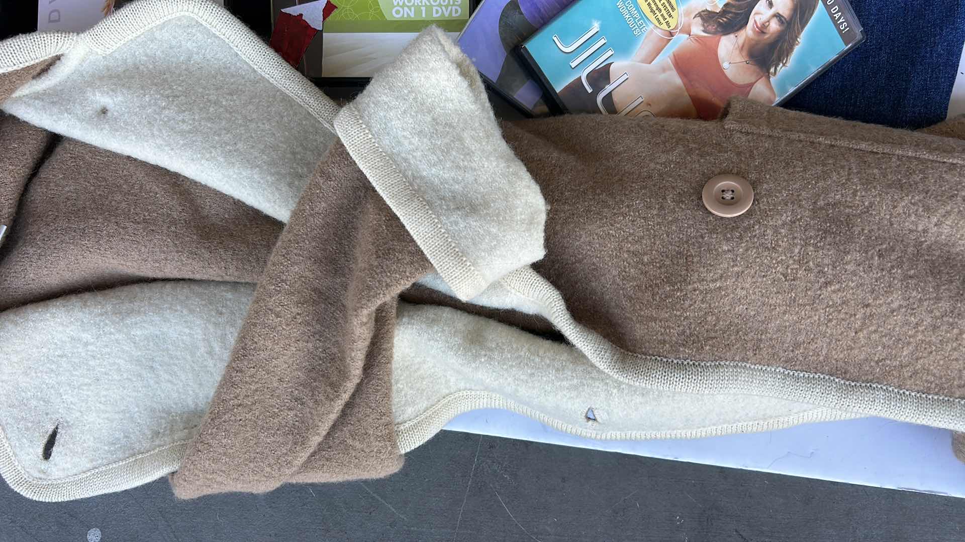 Photo 1 of WOMENS CLOTHING - 4 PAIRS OF PANTS 27, 28 PETITE, WORKOUT TAPES AND SWEATER JACKET S/M