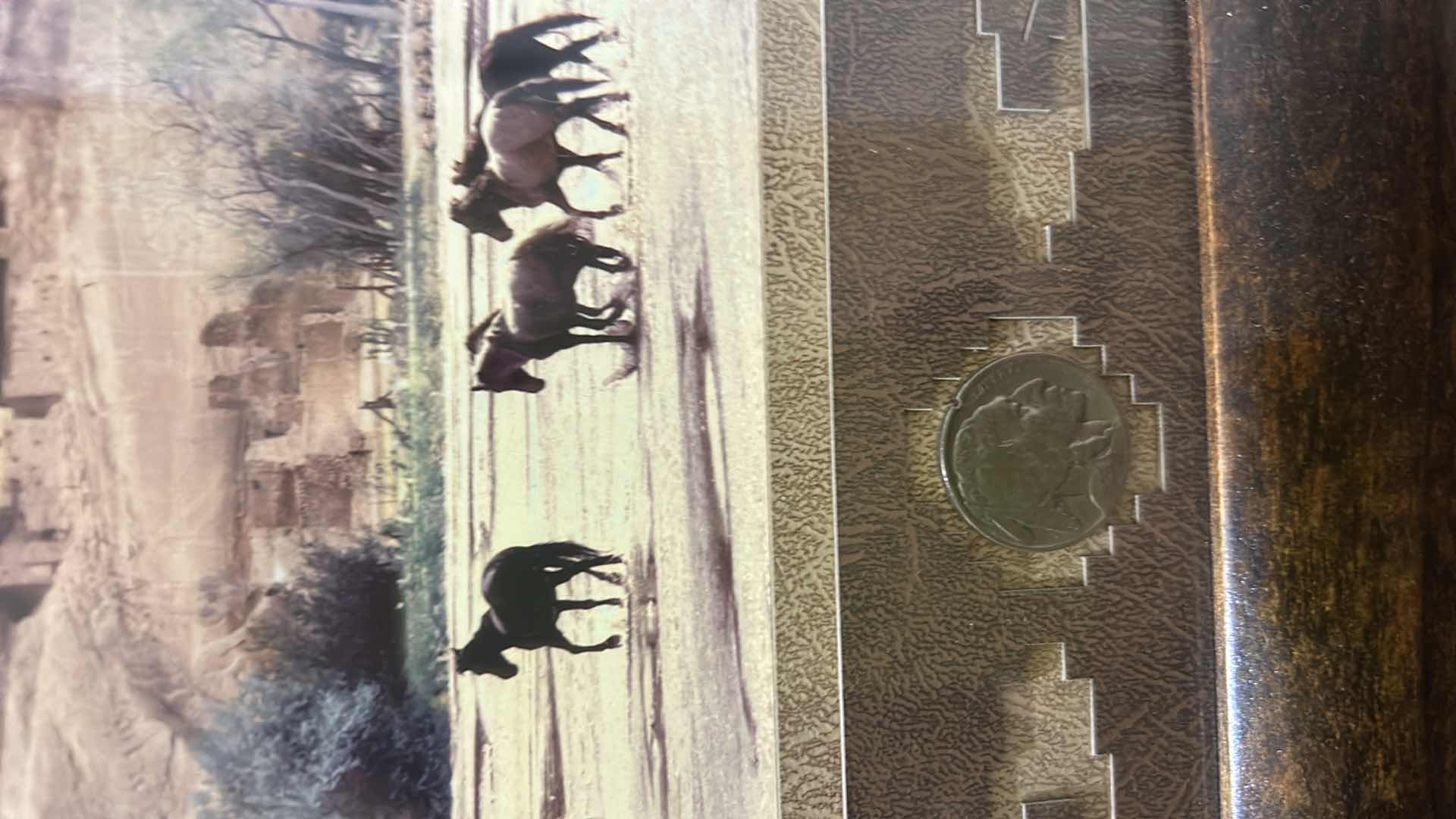 Photo 1 of FRAMED PHOTOGRAPHY OF THE SOUTHWEST WITH BUFFALO NICKEL BY CARRIE VERNON JOHNSON AND JASMINE ANN JOHNSON SIGNED BY CARRIE VERNON JOHNSON AND JASMINE ANN JOHNSON 10 1/2” x H 12 1/2”